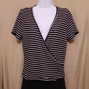 YOUTH IN REVOLT Womens Black & White Striped Lowcut V Shortsleeve Top Size M